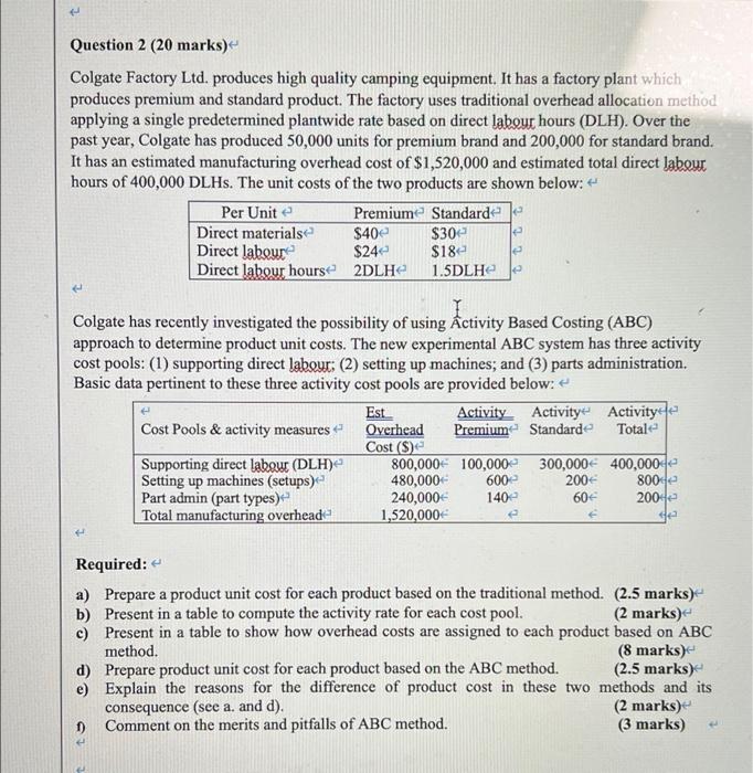  Question 2 (20 marks) 3 le le Colgate Factory Ltd. produces