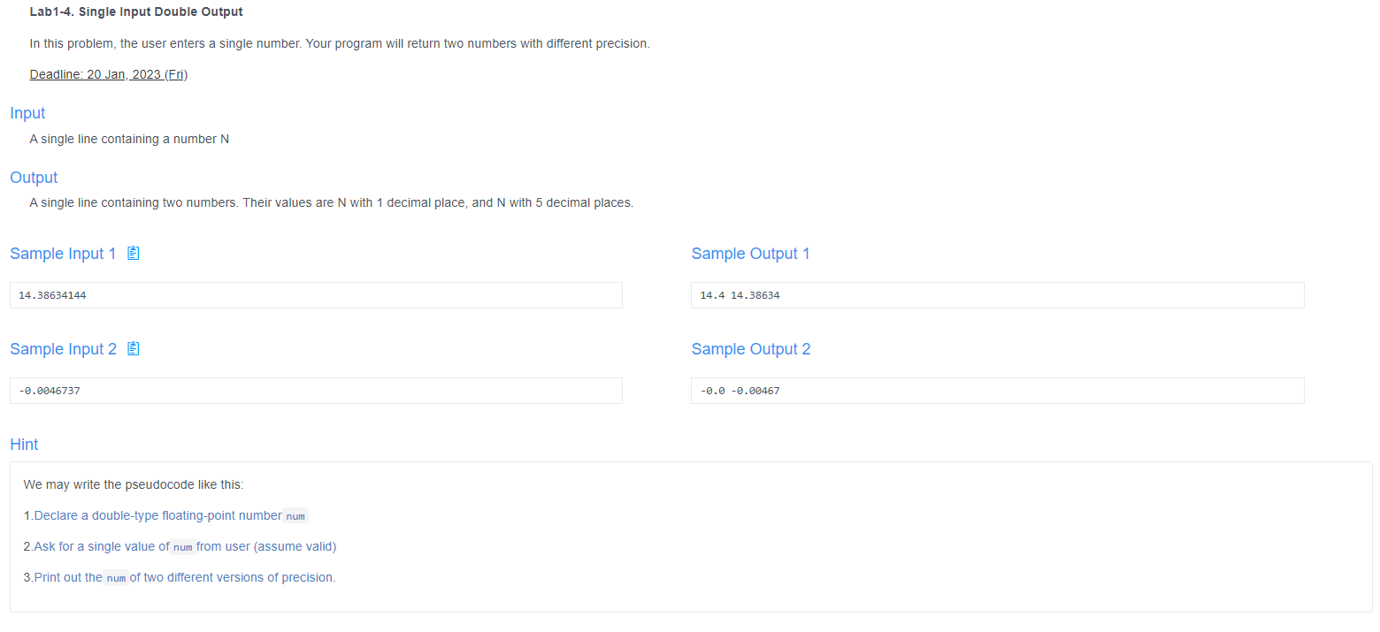 Use of C programming language coding Lab1-4. Single Input Double Output In