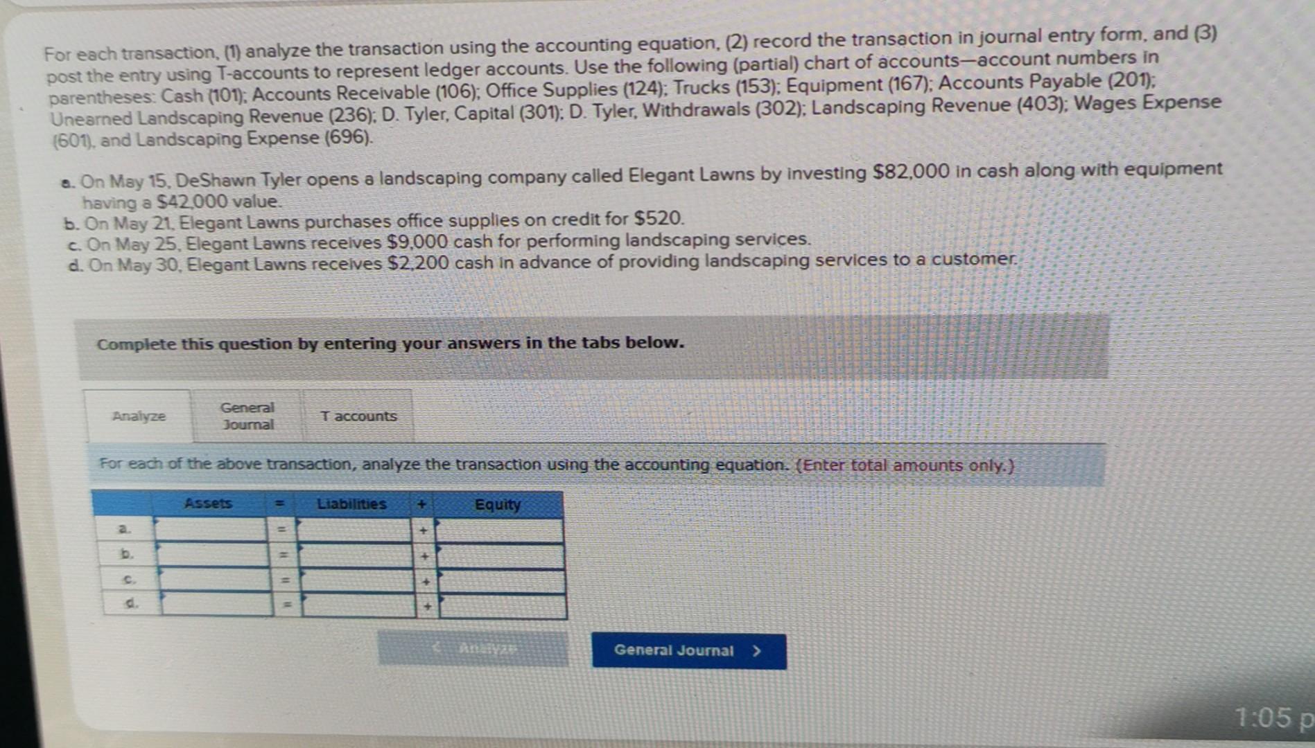  For each transaction. (1) analyze the transaction using the accounting equation,