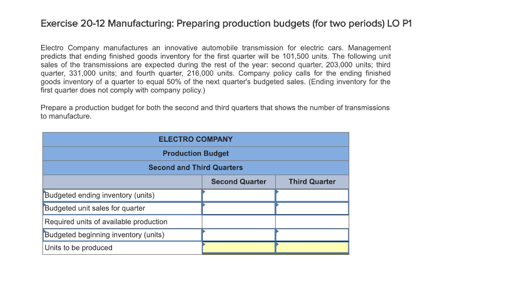  Exercise 20-12 Manufacturing: Preparing production budgets (for two periods) LO P1