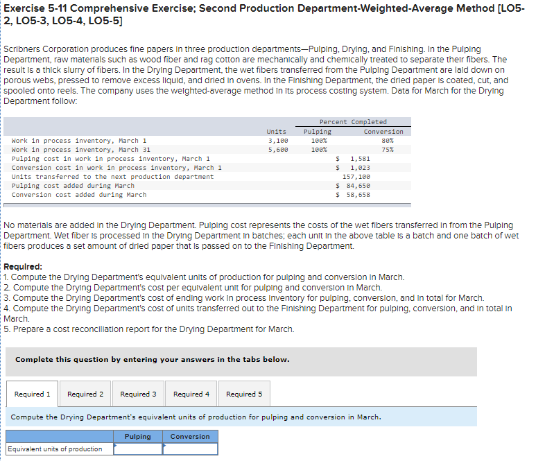  Exercise 5-11 Comprehensive Exercise; Second Production Department-Weighted-Average Method [LO5- 2, LO5-3,