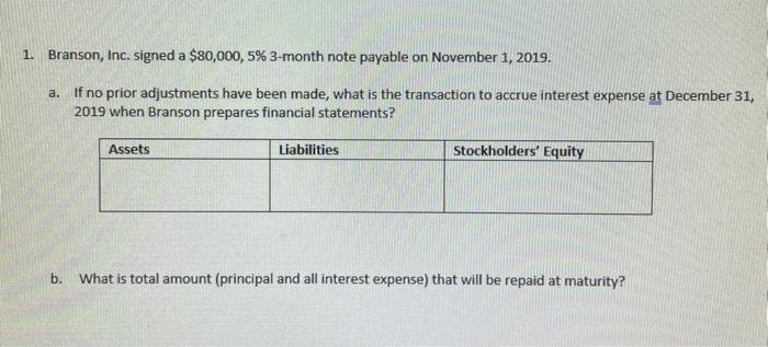  1. Branson, Inc. signed a $80,000,5% 3-month note payable on November