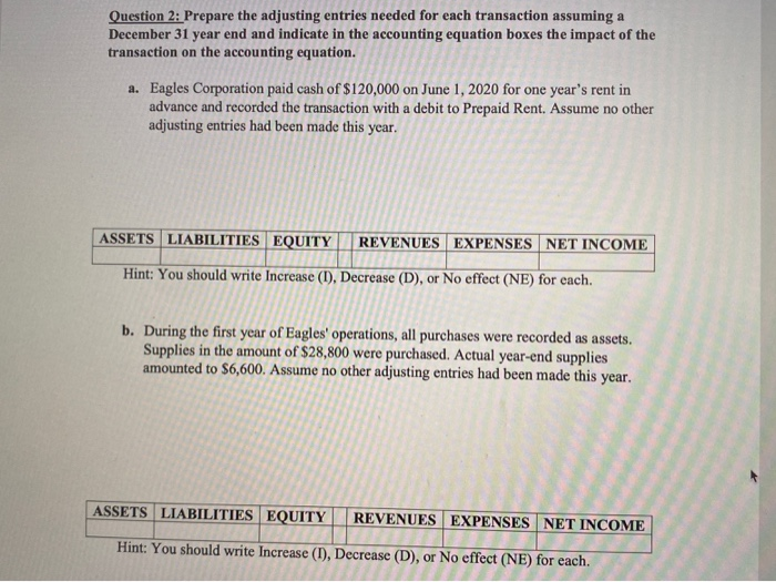  Question 2: Prepare the adjusting entries needed for each transaction assuming