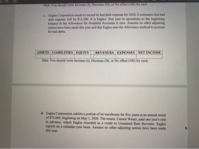 a December 31 year end and indicate in the accounting equation boxes