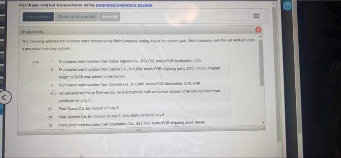 help journal Purchase-related transactions using perpetual inventory system Instructions Chart of Accounts