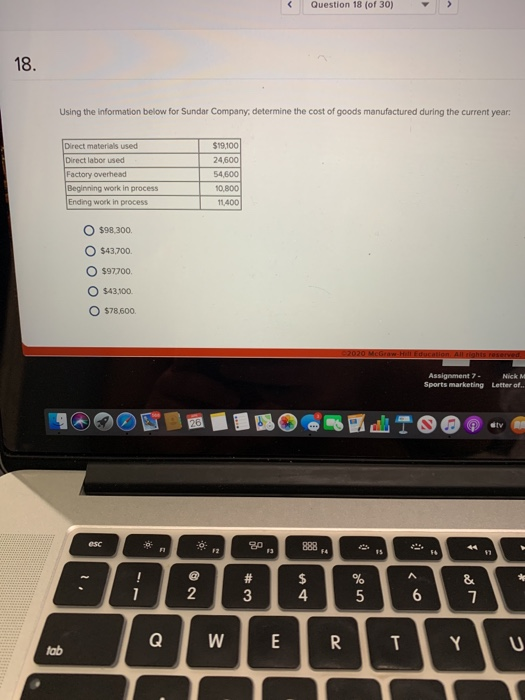 18. < Question 18 (of 30) Using the information below for Sundar