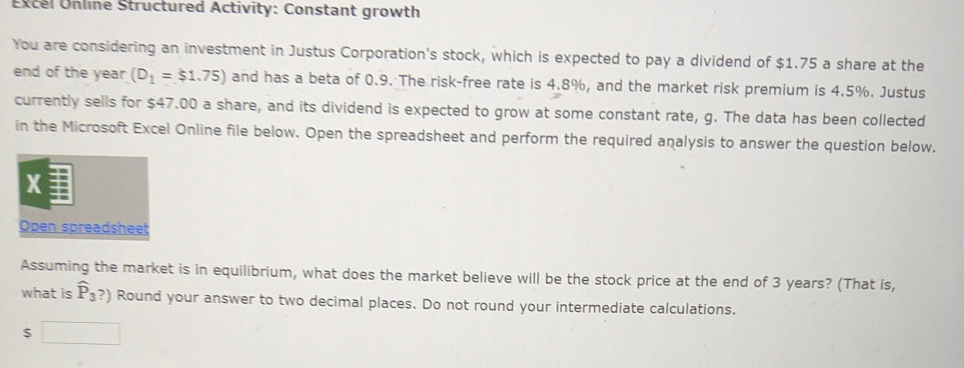 (TRF) Market risk premium (RPM) Current stock price (Po) Market in equilibrium