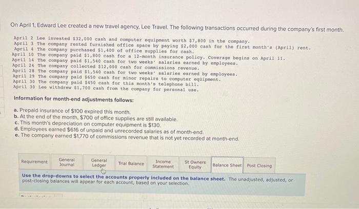 please help On April 1, Edward Lee created a new travel agency,