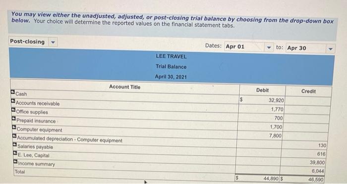 Lee Travel. The following transactions occurred during the company's first month. Apri1