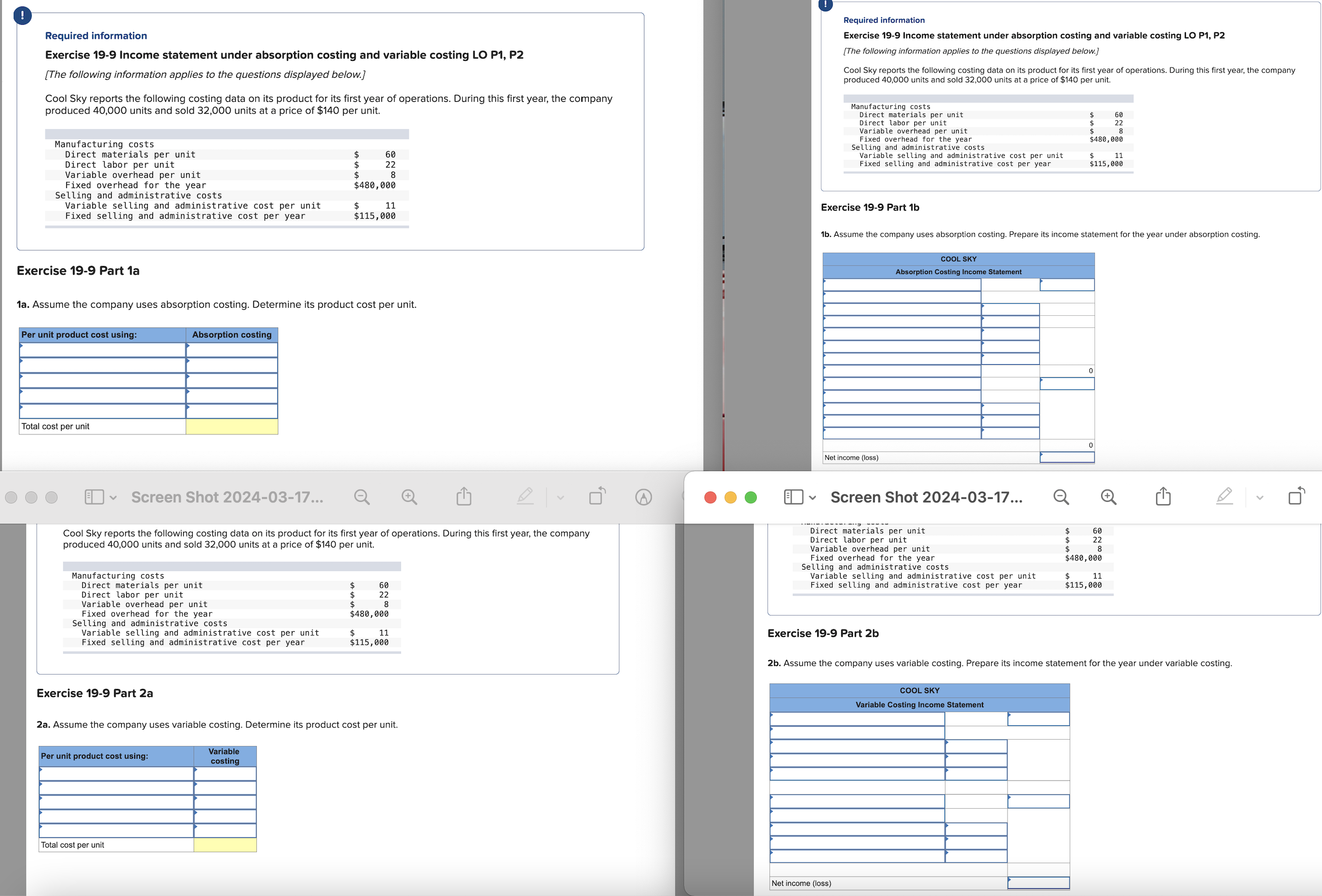  10-9(2) Cool Sky reports the following costing data on its product