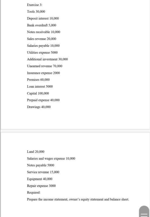  Exercise 3: Tools 30,000 Deposit interest 10,000 Bank overdraft 5,000 Notes
