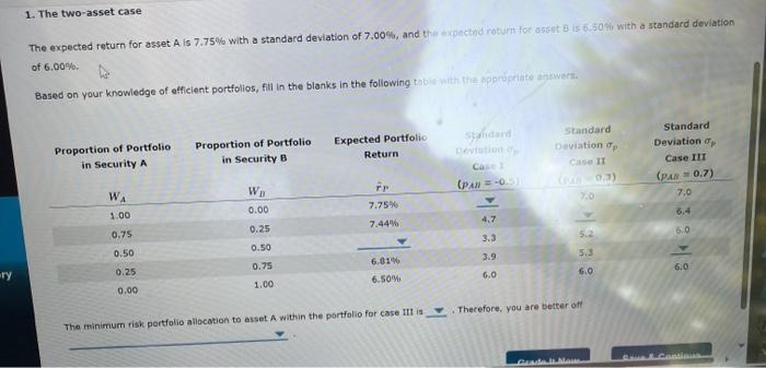 1. The two-asset case The expected return for asset A is