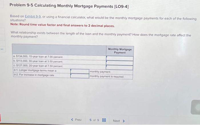  Problem 9-5 Calculating Monthly Mortgage Payments [LO9-4] Based on Exhibit 9-9,
