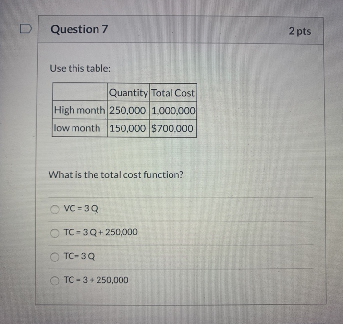  Question 7 2 pts Use this table: Quantity Total Cost High