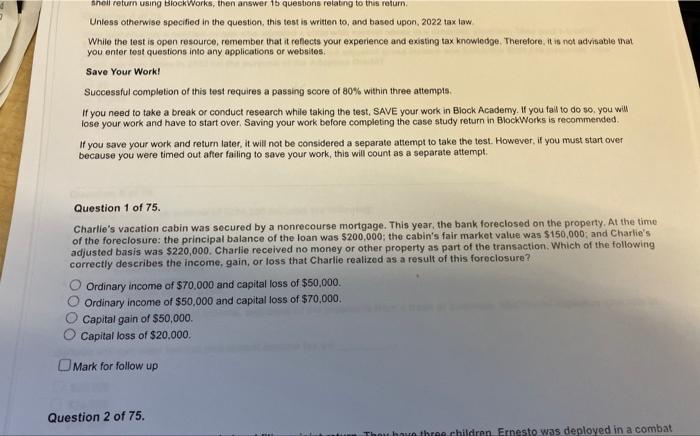  sheil return using BlockWorks, then answer 1 b questions relating to