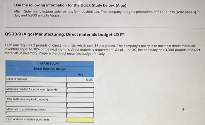  Use the following information for the Quick Study below. (Algo) Miami