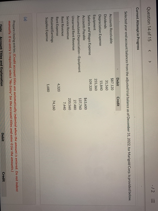  -/2 Question 14 of 15 Current Attempt in Progress Selected year-end