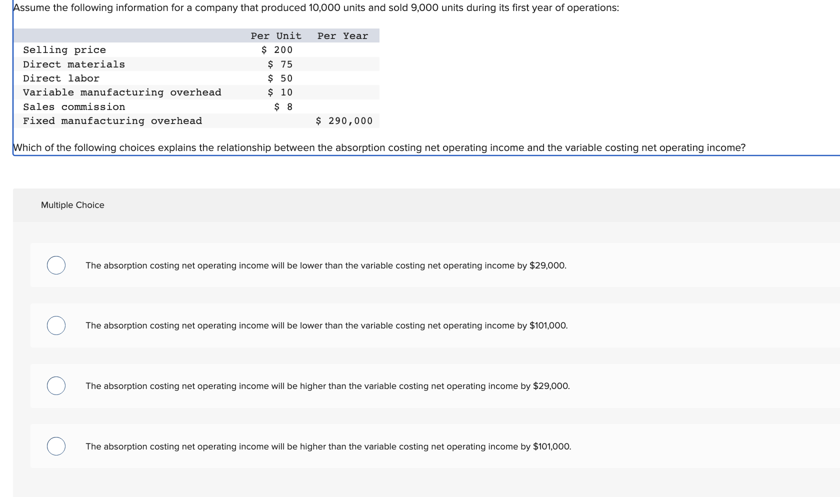  Multiple Choice The absorption costing net operating income will be lower