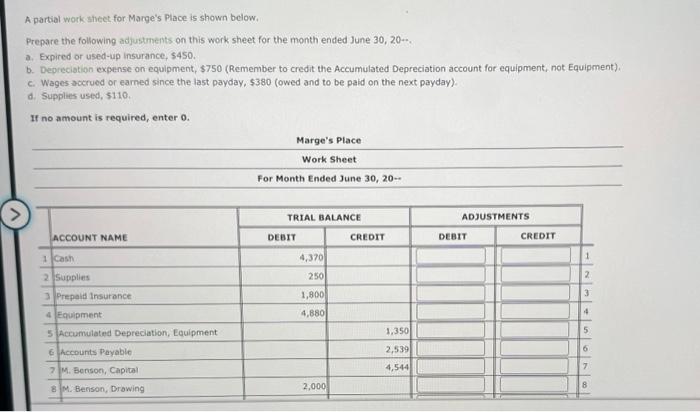  A partial work sheet for Marge's Place is shown below, Prepare