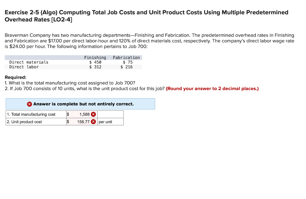  Exercise 2-5 (Algo) Computing Total Job Costs and Unit Product Costs