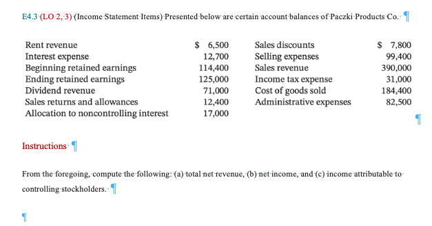 E4.3 (LO 2, 3) (Income Statement Items) Presented below are certain
