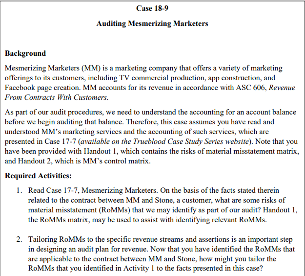 Answer Case 18-9 Problems 1 and 2. Case 18-9 Auditing Mesmerizing Marketers