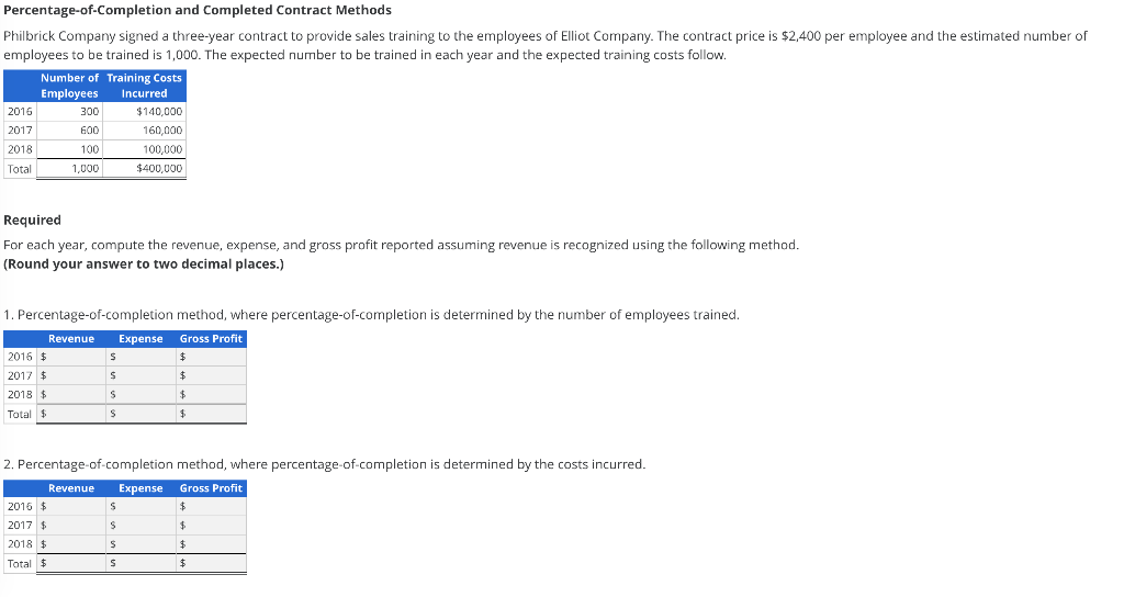 Percentage-of-Completion and Completed Contract Methods Philbrick Company signed a three-year contract