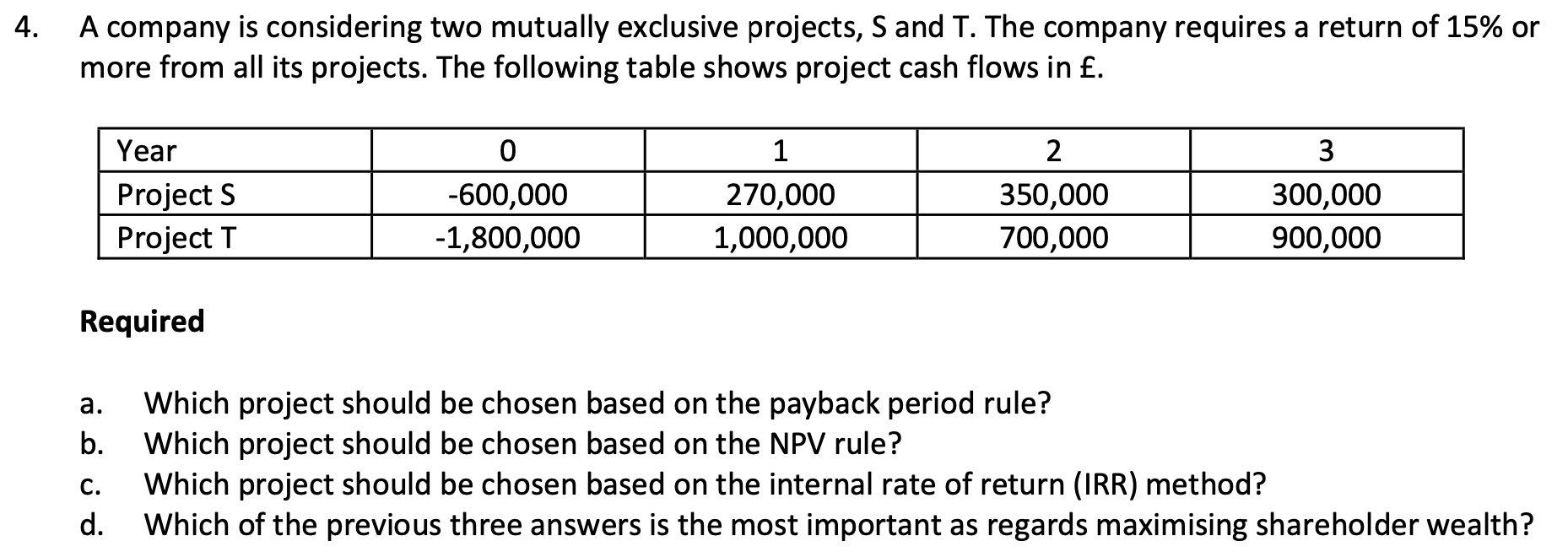  4. A company is considering two mutually exclusive projects, S and