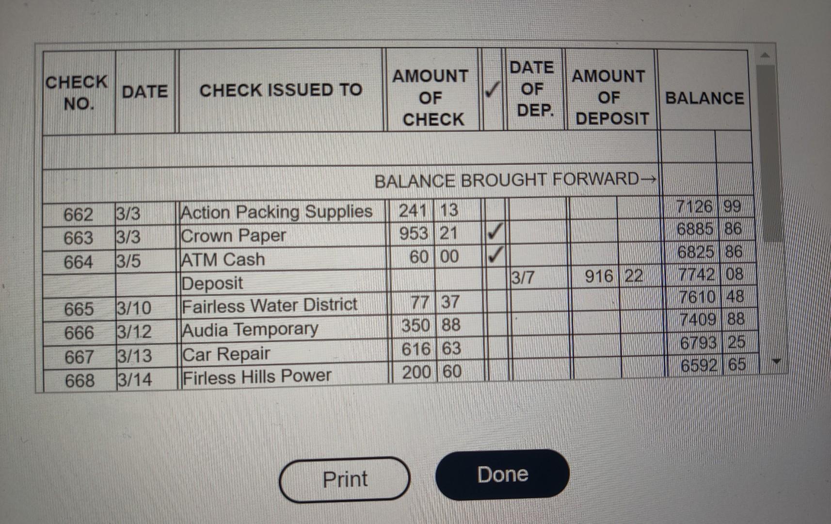 on the bank statement to the check register. Click the icon to
