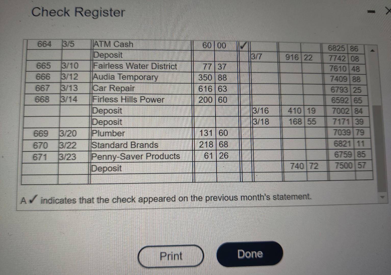 view the items on the check register. Click the icon to view