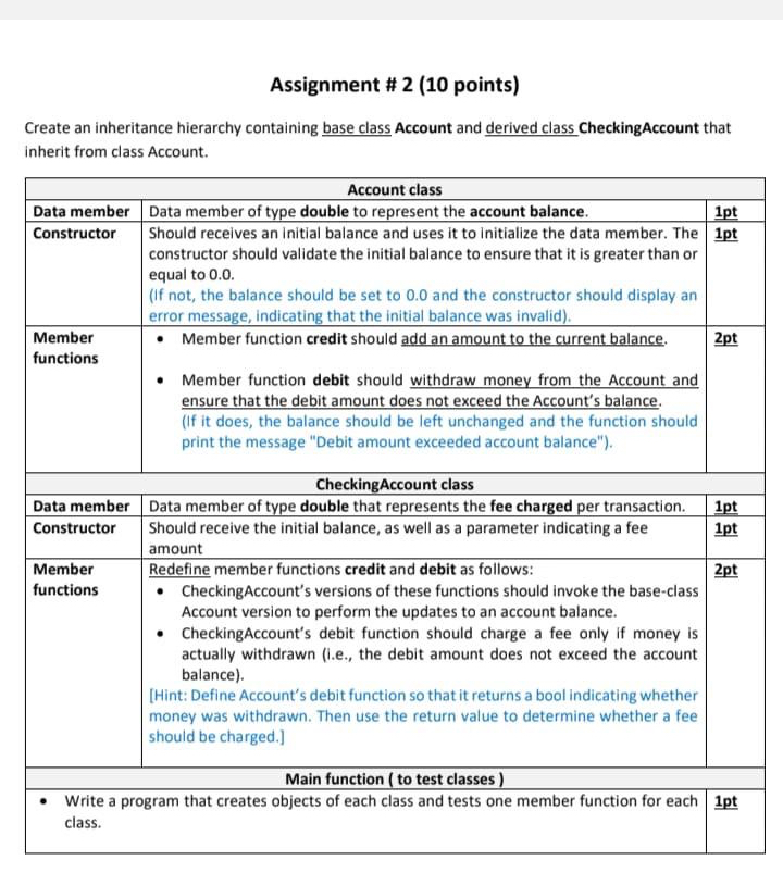 Assignment # 2(10 points) Create an inheritance hierarchy containing base class