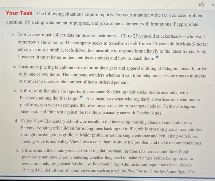 situations listed under Activity 11.1 of the text, write (a) a concise