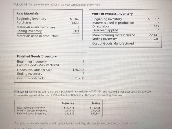 PA5. LO 4.5 Complete the information in the cost computations shown here: