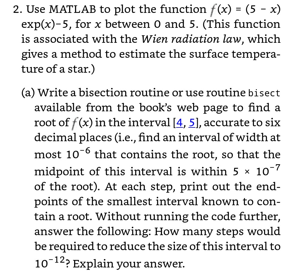  2. Use MATLAB to plot the function f(x) - (5 -