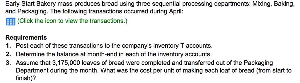  Early Start Bakery mass-produces bread using three sequential processing departments: Mixing,