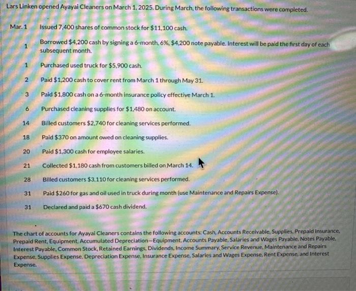 please fill all boxes Lars Linken opened Ayayai Cleaners on March 1,