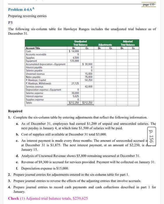  Problem 4-6A Preparing reversing entries P3 The following six-column table for