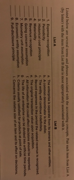  Pair each items from list A to list B Listed below