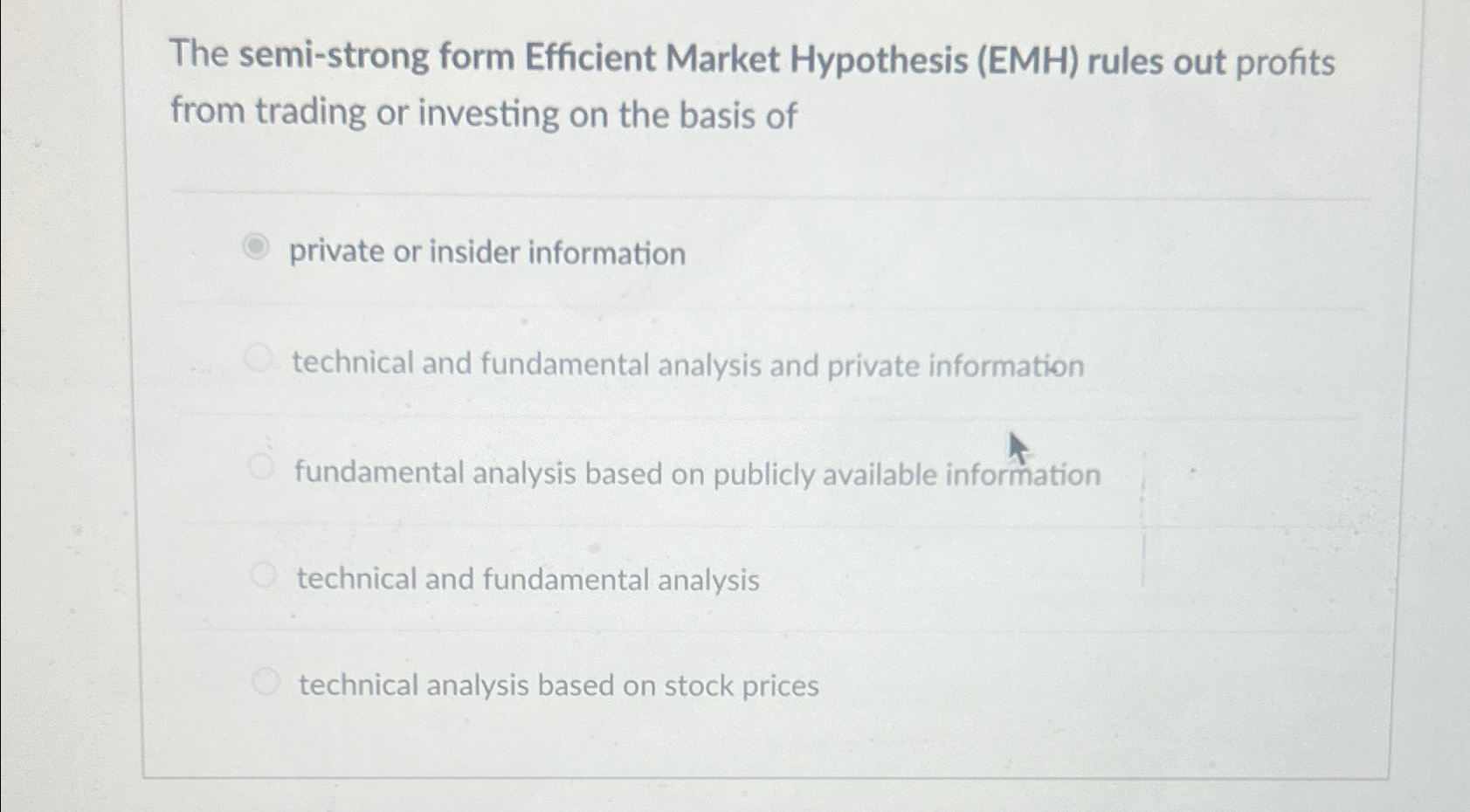  The semi-strong form Efficient Market Hypothesis (EMH) rules out profits from