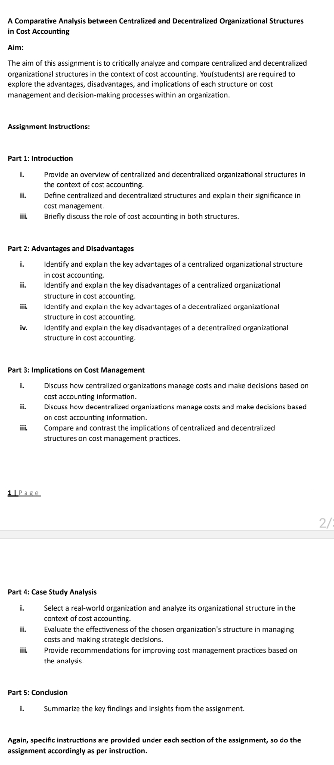  A Comparative Analysis between Centralized and Decentralized Organizational Structures in Cost