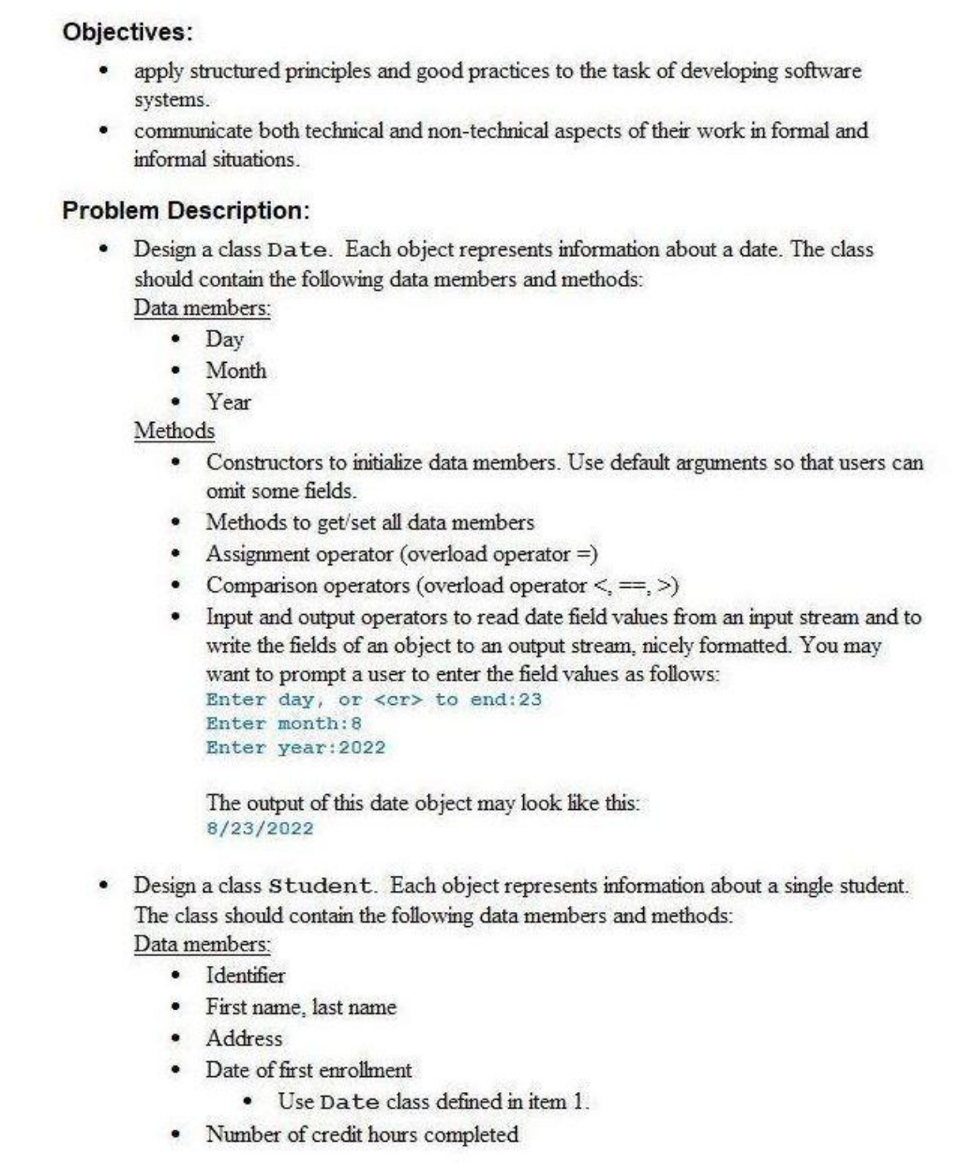 Please Design a class CourseRegistration in C++ with reasonable applicable tags, generated