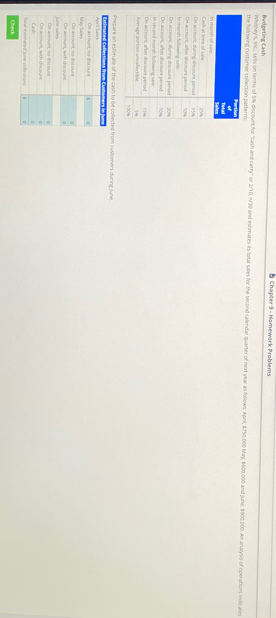  Chapter 9- Homework Problems Budgeting Cash the following customer collection patterns: