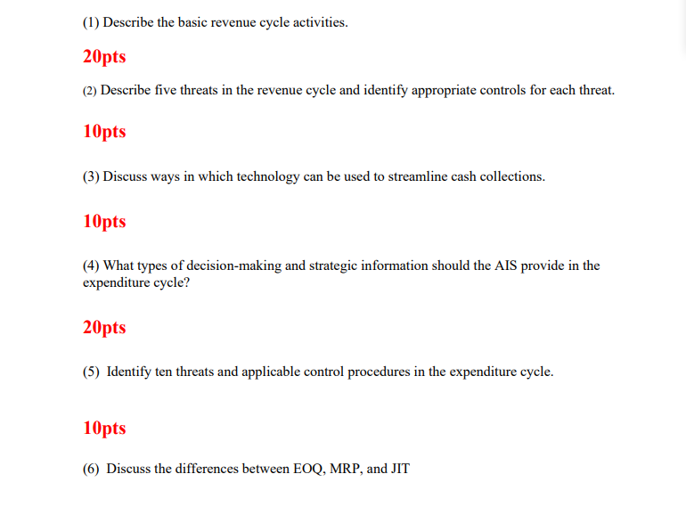  Answer Question 1-6 (1) Describe the basic revenue cycle activities. 20pts