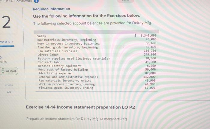  Ch 14 Homework 2 2 Required information Use the following information