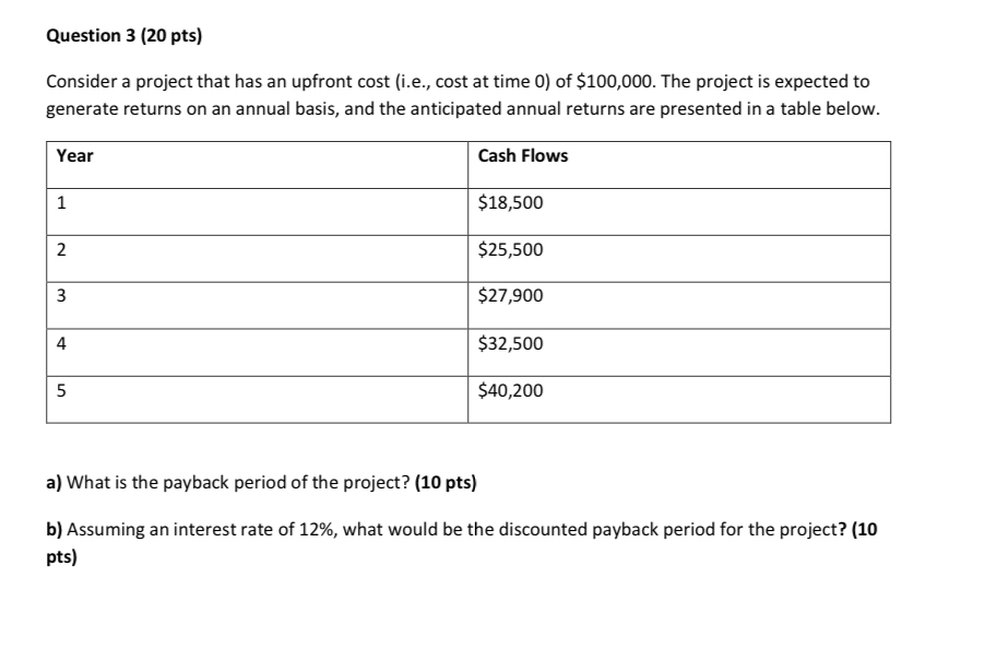  Question 3(20 pts) Consider a project that has an upfront cost