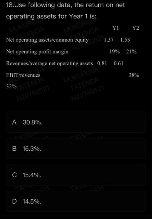  18. Use following data, the return on net operating assets for