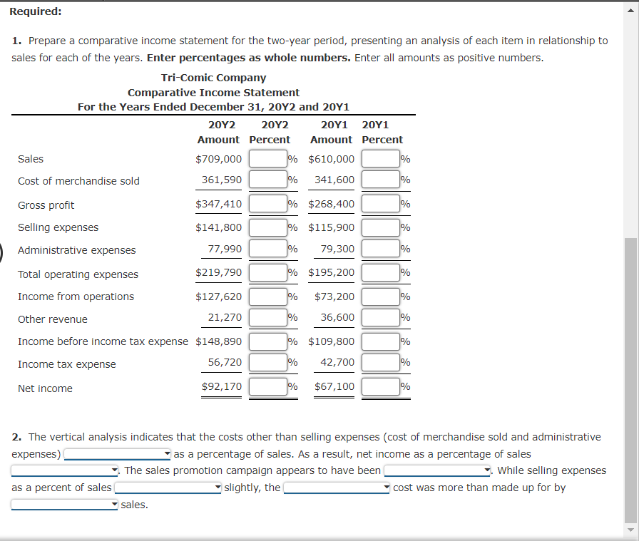 Required: % % 1. Prepare a comparative income statement for the