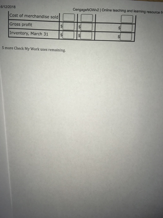 and data on purchases and sales for a three-month period ending March