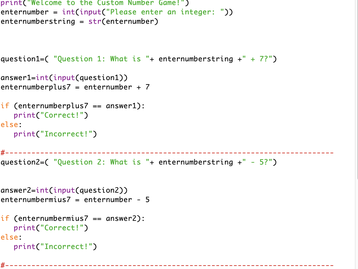 are creating a math game that uses a user-inputted number to provide