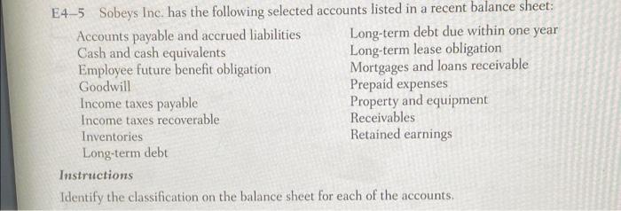 FAST PLEASE E4-5 Sobeys Inc. has the following selected accounts listed in